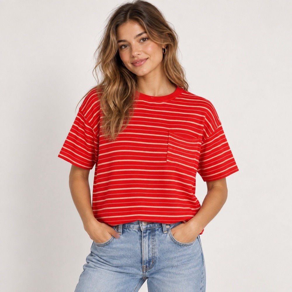 kerisma sweatet short sleeve shirt blousr striped orange ivory M/L